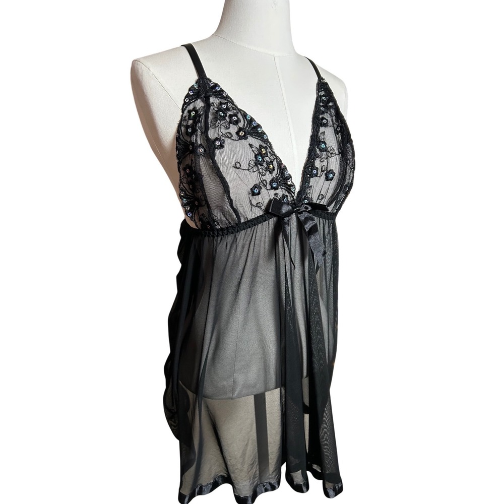 Y2K Black Sheer Mesh‎ Floral Lace Sequin Babydoll Chemise Lingerie XL Whimsigoth